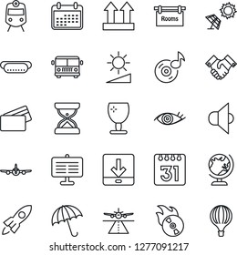 Thin Line Icon Set - runway vector, airport bus, train, umbrella, globe, plane, eye, fragile, up side sign, flame disk, speaker, calendar, download, brightness, music, presentation board, handshake