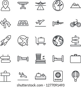Thin Line Icon Set - runway vector, taxi, departure, arrival, baggage conveyor, trolley, signpost, passport, bed, boarding, airport building, case, bike, route, navigation, earth, plane, mountains