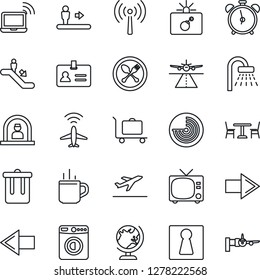 Thin Line Icon Set - runway vector, plane radar, antenna, departure, baggage trolley, hot cup, spoon and fork, cafe, escalator, alarm clock, trash bin, female, tv, bomb in case, wireless notebook