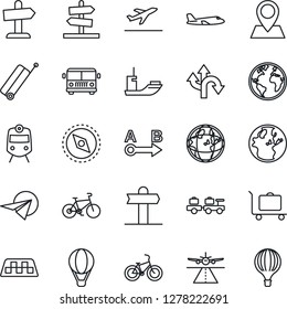 Thin Line Icon Set - runway vector, taxi, suitcase, departure, baggage trolley, airport bus, train, larry, plane, bike, route, signpost, earth, pin, sea shipping, compass, paper, guidepost