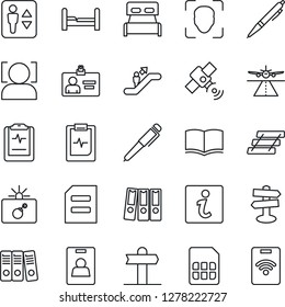 Thin Line Icon Set - runway vector, elevator, escalator, bomb in case, identity card, book, document, pulse clipboard, signpost, satellite, sim, face id, paper binder, tray, pen, bedroom, pass