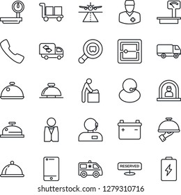 Thin Line Icon Set - runway vector, reception bell, baby room, ambulance car, doctor, support, delivery, cargo, heavy scales, search, cell phone, call, scanner, moving, waiter, dish, reserved