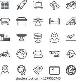Thin Line Icon Set - runway vector, departure, suitcase, baggage trolley, airport bus, signpost, ladder car, helicopter, flight table, plane globe, building, bike, route, navigation, pin, bedroom