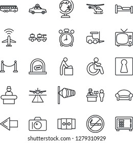 Thin Line Icon Set - runway vector, plane radar, fence, airport bus, passport control, automatic door, alarm clock, no smoking, female, tv, waiting area, car, baby room, disabled, reception, globe