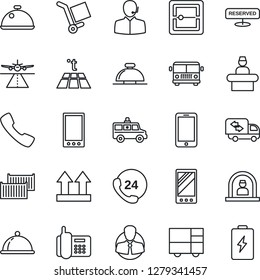 Thin Line Icon Set - runway vector, airport bus, reception bell, mobile phone, ambulance car, office, 24 hours, client, cargo container, consolidated, up side sign, call, scanner, support, moving