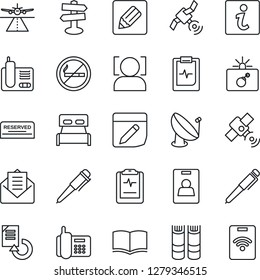 Thin Line Icon Set - runway vector, no smoking, bomb in case, book, pen, document reload, pulse clipboard, signpost, office phone, satellite antenna, radio, mail, notes, face id, identity card, pass