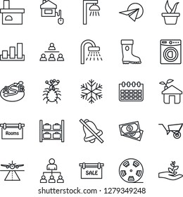 Thin Line Icon Set - runway vector, shower, luggage storage, hierarchy, calendar, seedling, wheelbarrow, boot, fireplace, virus, cash, sorting, route, reel, mute, sale, rooms, washer, home control