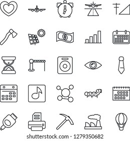 Thin Line Icon Set - runway vector, barrier, plane, tie, factory, printer, axe, caterpillar, heart, eye, molecule, term, speaker, hdmi, alarm, calendar, music, cellular signal, bar graph, sun panel