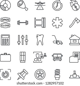 Thin Line Icon Set - runway vector, airport bus, case, drawing pin, circle chart, lawn mower, axe, ambulance star, barbell, caries, film frame, flame disk, tuning, eye id, document folder, hr, house