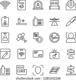 Thin Line Icon Set - runway vector, escalator, no smoking, bomb in case, reception, identity card, pen, document reload, signpost, office phone, satellite, radio, mail, notes, wireless, face id