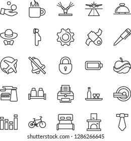 Thin Line Icon Set - runway vector, reception bell, lock, pen, factory, fireplace, tomography, bike, diet, pregnancy, plane, satellite, equalizer, settings, mute, battery, printer, bedroom, alcohol