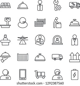Thin Line Icon Set - runway vector, taxi, baby room, reception, support, client, cargo container, car delivery, up side sign, heavy scales, mobile, root setup, moving, waiter, dish, battery