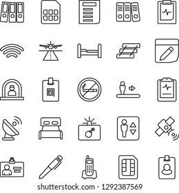 Thin Line Icon Set - runway vector, elevator, escalator, no smoking, bomb in case, reception, identity card, document, pulse clipboard, office phone, satellite antenna, sim, notes, wireless, tray