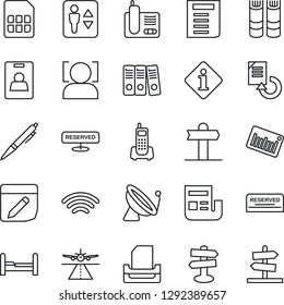 Thin Line Icon Set - runway vector, satellite antenna, elevator, book, document, reload, signpost, office phone, barcode, radio, sim, notes, wireless, face id, news, identity card, paper binder, pen