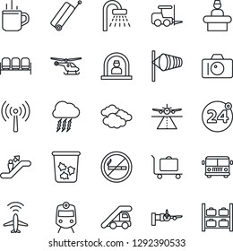 Thin Line Icon Set - runway vector, plane radar, antenna, suitcase, baggage trolley, airport bus, hot cup, 24 around, train, escalator, no smoking, trash bin, waiting area, reception, shower, camera
