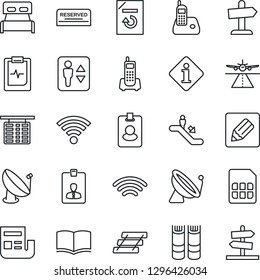 Thin Line Icon Set - runway vector, satellite antenna, elevator, escalator, flight table, identity card, book, document reload, pulse clipboard, office phone, radio, sim, notes, wireless, news, pass