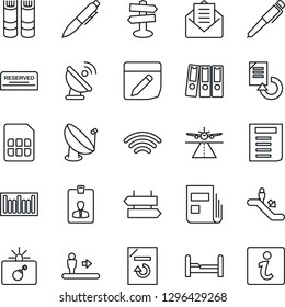 Thin Line Icon Set - runway vector, escalator, signpost, bomb in case, identity card, book, pen, document, reload, barcode, satellite antenna, mail, sim, notes, wireless, news, paper binder, bedroom