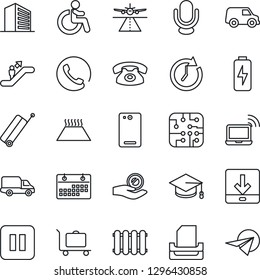 Thin Line Icon Set - runway vector, suitcase, baggage trolley, escalator, wireless notebook, disabled, office building, graduate, car delivery, microphone, pause button, phone back, download, charge