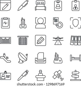 Thin Line Icon Set - runway vector, escalator, reception, flight table, identity card, pen, document reload, pulse clipboard, office phone, barcode, satellite antenna, radio, notes, face id, tray