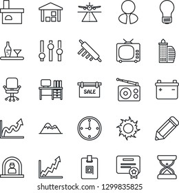 Thin Line Icon Set - runway vector, reception, office chair, desk, bulb, pencil, sun, fireplace, warehouse, radio, tv, settings, clock, identity card, mountains, sale, building, estate agent, sand