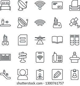 Thin Line Icon Set - runway vector, satellite antenna, escalator, reception, identity card, book, document, signpost, office phone, barcode, radio, mail, notes, wireless, face id, paper tray, pass