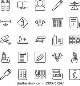 Thin Line Icon Set - runway vector, escalator, flight table, book, pen, document, office phone, satellite, radio, sim, notes, wireless, face id, news, paper binder, tray, reserved, information