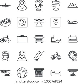 Thin Line Icon Set - runway vector, suitcase, airport bus, train, signpost, globe, bed, plane, helicopter, flight table, case, bike, earth, pin, sea shipping, route, place tag, compass, mountains