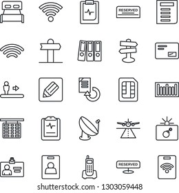 Thin Line Icon Set - runway vector, escalator, bomb in case, flight table, identity card, document, reload, pulse clipboard, signpost, office phone, barcode, satellite antenna, mail, sim, notes