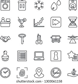 Thin Line Icon Set - runway vector, airport bus, no smoking, female, handshake, manager place, pin, office phone, laptop pc, speaker, favorites list, fast forward, clock, abacus, stamp, cocktail