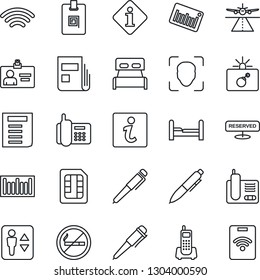 Thin Line Icon Set - runway vector, elevator, no smoking, bomb in case, identity card, pen, document, office phone, barcode, radio, sim, wireless, face id, news, bedroom, reserved, information, pass