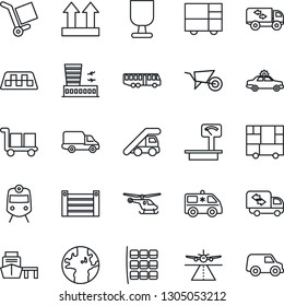 Thin Line Icon Set - runway vector, taxi, airport bus, train, alarm car, ladder, helicopter, seat map, building, wheelbarrow, ambulance, earth, delivery, sea port, container, consolidated cargo