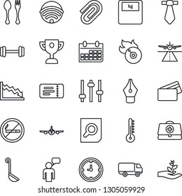Thin Line Icon Set - runway vector, spoon and fork, no smoking, ticket, plane, speaking man, document search, calendar, doctor case, scales, barbell, car delivery, clock, flame disk, tuning, ink pen