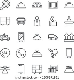 Thin Line Icon Set - runway vector, taxi, airport bus, phone, reception bell, baby room, mobile, ambulance car, 24 hours, cargo container, delivery, consolidated, up side sign, search, cell, waiter
