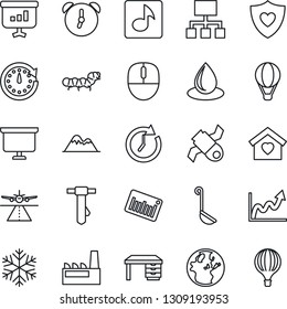 Thin Line Icon Set - runway vector, mouse, desk, tie, presentation board, water drop, caterpillar, heart shield, satellite, barcode, alarm, music, mountains, sweet home, factory, ladle, snowflake