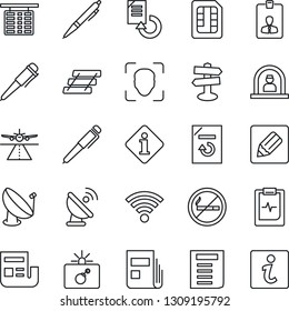 Thin Line Icon Set - runway vector, no smoking, bomb in case, reception, flight table, identity card, pen, document, reload, pulse clipboard, signpost, satellite antenna, sim, notes, wireless, news