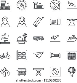 Thin Line Icon Set - runway vector, suitcase, departure, arrival, airport bus, ticket, bed, flight table, luggage storage, scales, building, picnic, bike, route, navigation, pin, plane, sea shipping