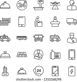 Thin Line Icon Set - Runway Vector, Taxi, Airport Bus, 24 Around, Reception Bell, Baby Room, Mobile Phone, Ambulance Car, Doctor, Office, Hours, Client, Cargo Container, Delivery, Heavy Scales, Cell