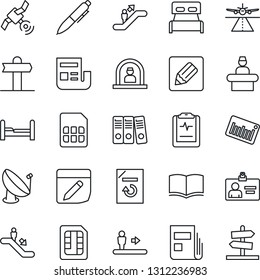 Thin Line Icon Set - runway vector, escalator, reception, identity card, book, pen, document reload, pulse clipboard, signpost, barcode, satellite antenna, sim, notes, news, paper binder, bedroom