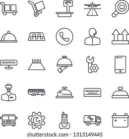 Thin Line Icon Set - runway vector, taxi, airport bus, phone, doctor, office, cargo, up side sign, heavy scales, search, cell, root setup, support, moving, dish, reserved, reception, waiter, battery
