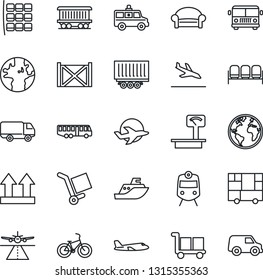 Thin Line Icon Set - runway vector, arrival, airport bus, train, waiting area, plane, seat map, ambulance car, bike, earth, railroad, sea shipping, truck trailer, delivery, container, up side sign