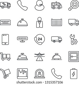 Thin Line Icon Set - runway vector, reception bell, ambulance car, 24 hours, support, cargo container, delivery, search, cell phone, call, scanner, root setup, moving, waiter, dish, reserved