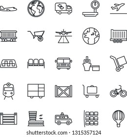 Thin Line Icon Set - runway vector, taxi, departure, baggage trolley, airport bus, train, waiting area, plane, seat map, building, wheelbarrow, ambulance car, bike, earth, railroad, truck trailer