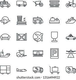 Thin Line Icon Set - runway vector, baggage conveyor, trolley, parking, waiting area, alarm car, fork loader, plane, airport building, wheelbarrow, ambulance, bike, railroad, sea shipping, delivery