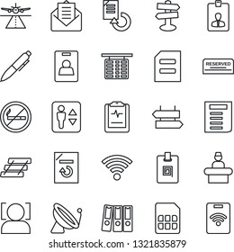 Thin Line Icon Set - runway vector, satellite antenna, elevator, no smoking, signpost, reception, flight table, identity card, pen, document, reload, pulse clipboard, mail, sim, wireless, face id