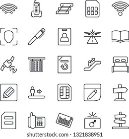 Thin Line Icon Set - runway vector, escalator, bomb in case, flight table, book, document, reload, office phone, barcode, satellite, sim, notes, wireless, face id, identity card, paper tray, pen