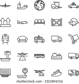 Thin Line Icon Set - runway vector, baggage conveyor, airport bus, train, waiting area, alarm car, fork loader, plane, helicopter, ambulance, earth, sea shipping, truck trailer, delivery, container