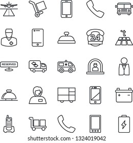 Thin Line Icon Set - runway vector, airport bus, reception bell, mobile phone, ambulance car, doctor, office, 24 hours, support, consolidated cargo, cell, call, moving, waiter, reserved, warm floor