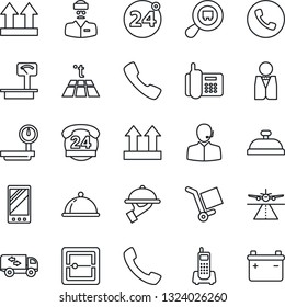 Thin Line Icon Set - Runway Vector, 24 Around, Phone, Doctor, Office, Hours, Cargo, Up Side Sign, Heavy Scales, Search, Mobile, Call, Scanner, Support, Moving, Waiter, Dish, Reception, Warm Floor