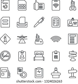 Thin Line Icon Set - runway vector, no smoking, reception, identity card, document, reload, pulse clipboard, signpost, office phone, radio, sim, wireless, news, paper tray, pen, bedroom, information