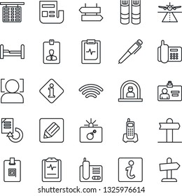 Thin Line Icon Set - runway vector, signpost, bomb in case, reception, flight table, identity card, book, document reload, pulse clipboard, office phone, radio, notes, wireless, face id, news, pen